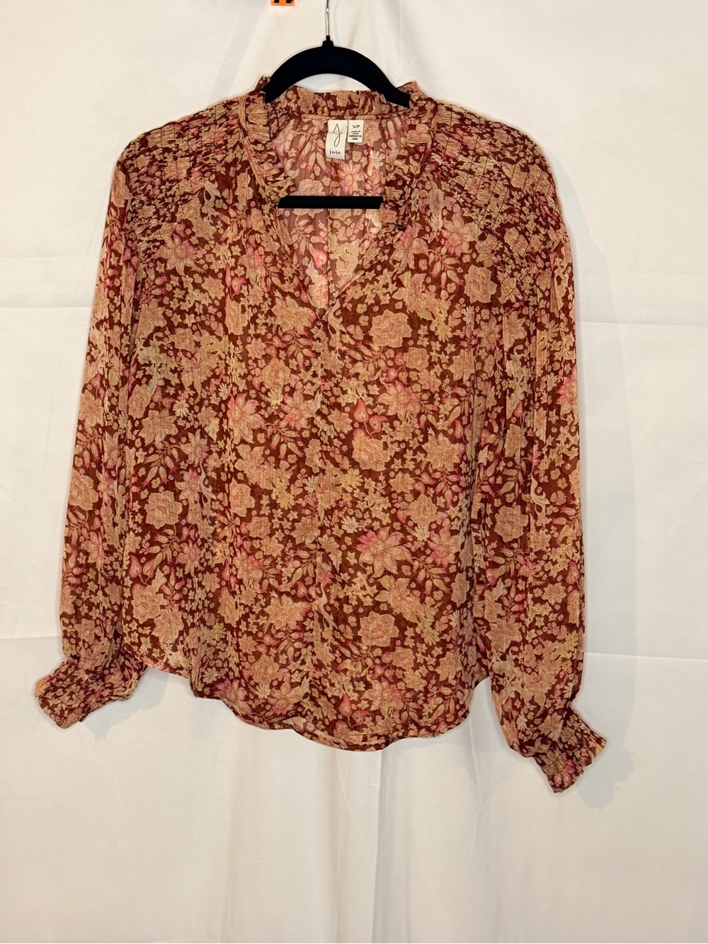 Joie Floral V-Neck Blouse in Brown and Pink with gold flecks